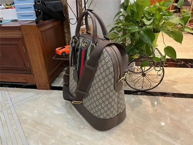 Gucci بيج بني GG Monogram Canvas Web Stripe Accent Boston Bag 9