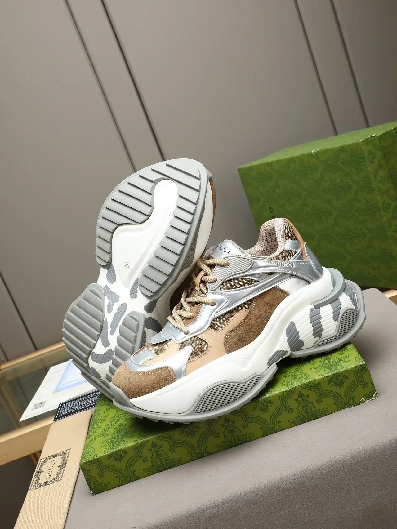 Gucci Beige Brown Multi-Material Upper Metallic Silver Straps Chunky Sneakers 4