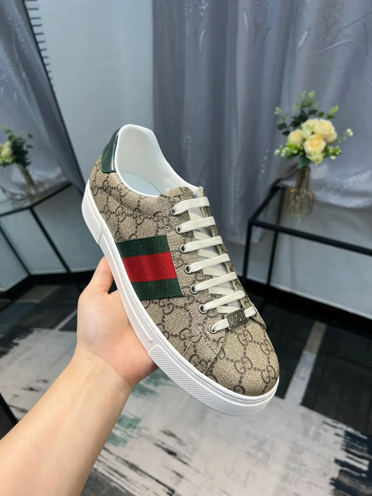 Gucci Beige Green Monogram Canvas Web Stripe Lifestyle Sneakers 6
