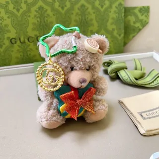 Gucci Beige Green Plush Teddy Bear Interlocking GG Charm Handbag