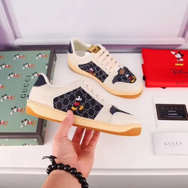 Gucci Beige Navy Low-Top Leather-and-Monogram-Panel Lifestyle Sneakers 5