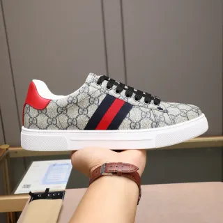 Gucci Beige Red GG Monogram Canvas Web Stripe Side Panel Lifestyle Sneakers