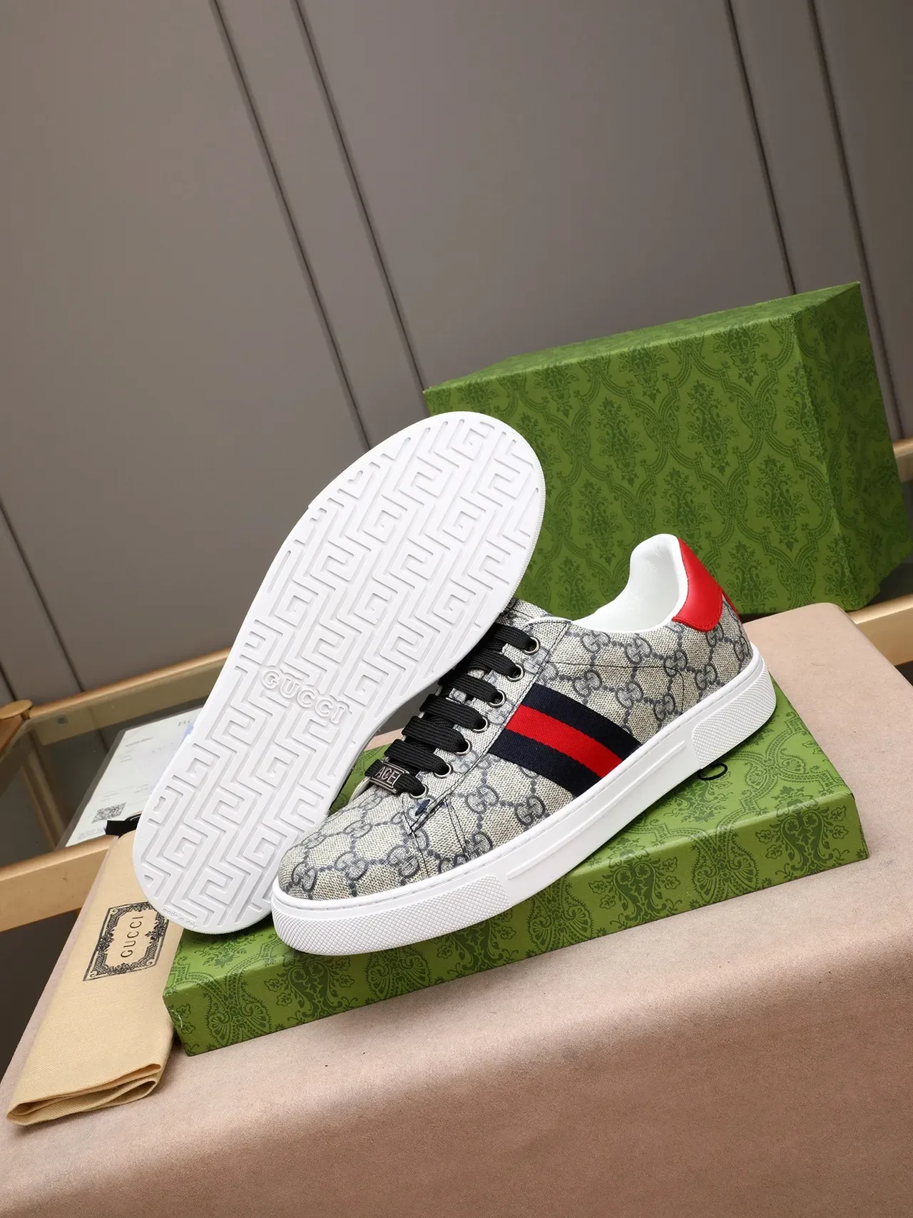 Gucci Beige Red GG Monogram Canvas Web Stripe Side Panel Lifestyle Sneakers 4