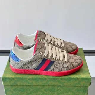 Gucci Beige Red Monogram Canvas Web Stripe Detail Lifestyle Sneakers