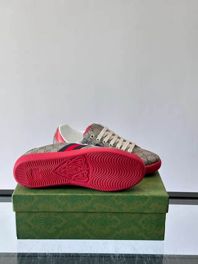 Gucci Beige Red Monogram Canvas Web Stripe Detail Lifestyle Sneakers 2