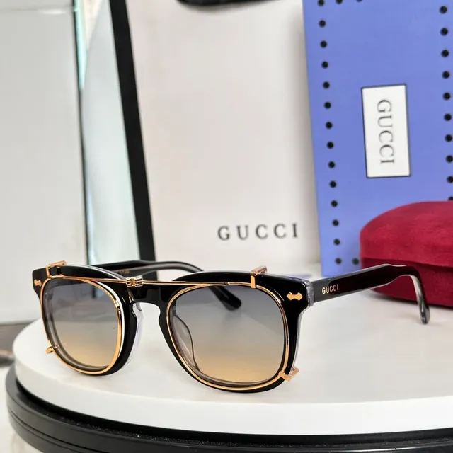 Gucci Óculos de Sol Preto Dourado Montura Dupla Lente Redonda 2