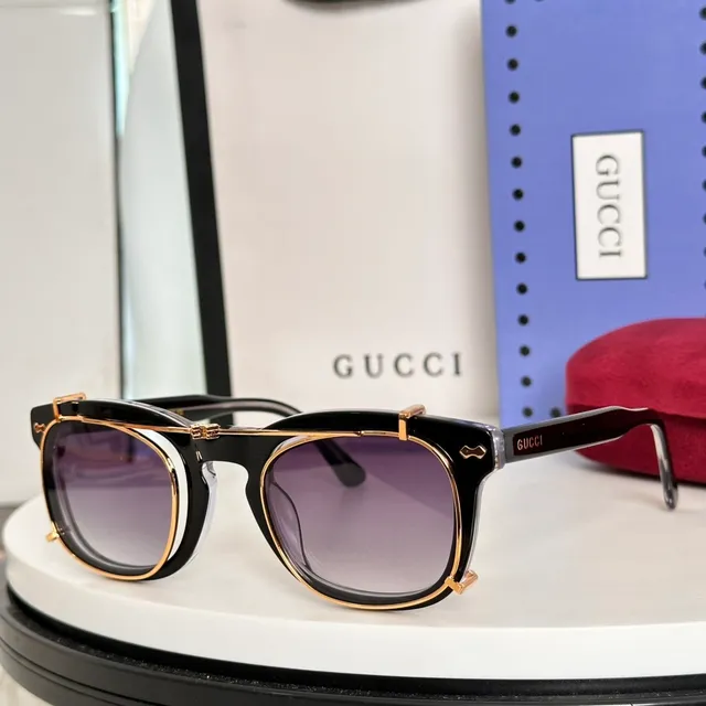 Gucci Óculos de Sol Preto Dourado Montura Dupla Lente Redonda 7