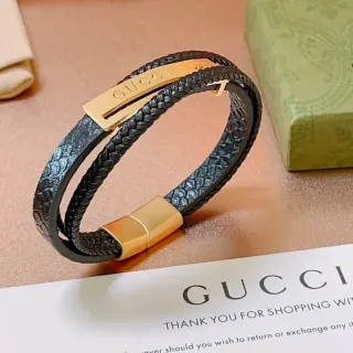 Gucci Black Gold Double-Wrap Braided Leather Bracelet