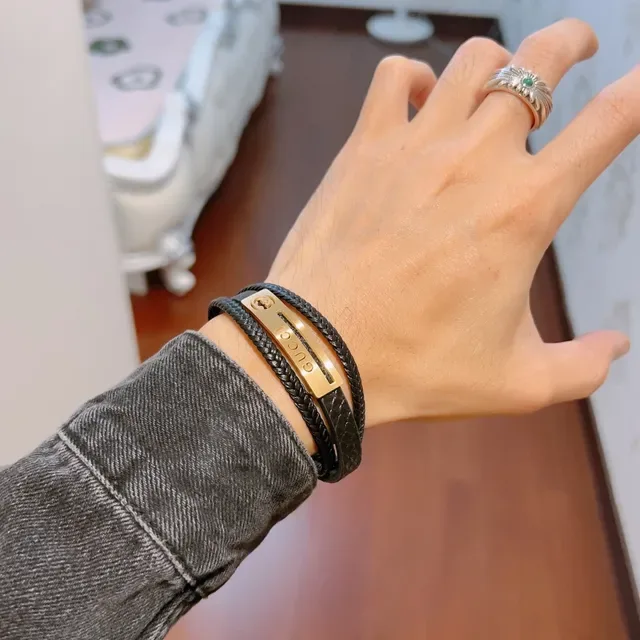 Gucci Black Gold Double-Wrap Braided Leather Bracelet 3