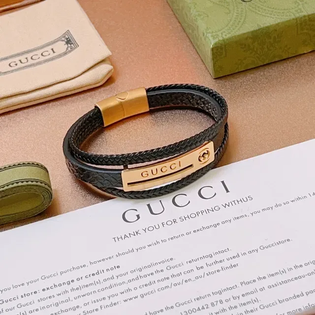 Gucci Black Gold Double-Wrap Braided Leather Bracelet 4