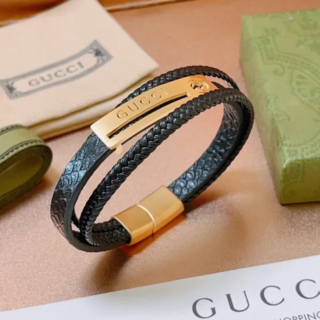 Gucci Black Gold Double-Wrap Braided Leather Bracelet 5