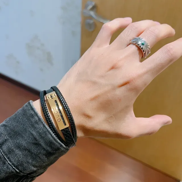 Gucci Black Gold Double-Wrap Braided Leather Bracelet 6