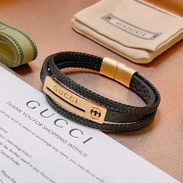 Gucci Black Gold Double-Wrap Braided Leather Bracelet 7