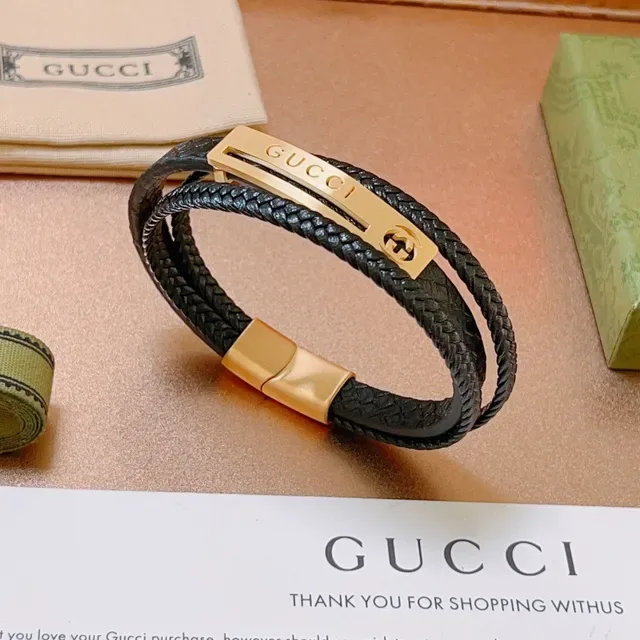 Gucci Black Gold Double-Wrap Braided Leather Bracelet 8