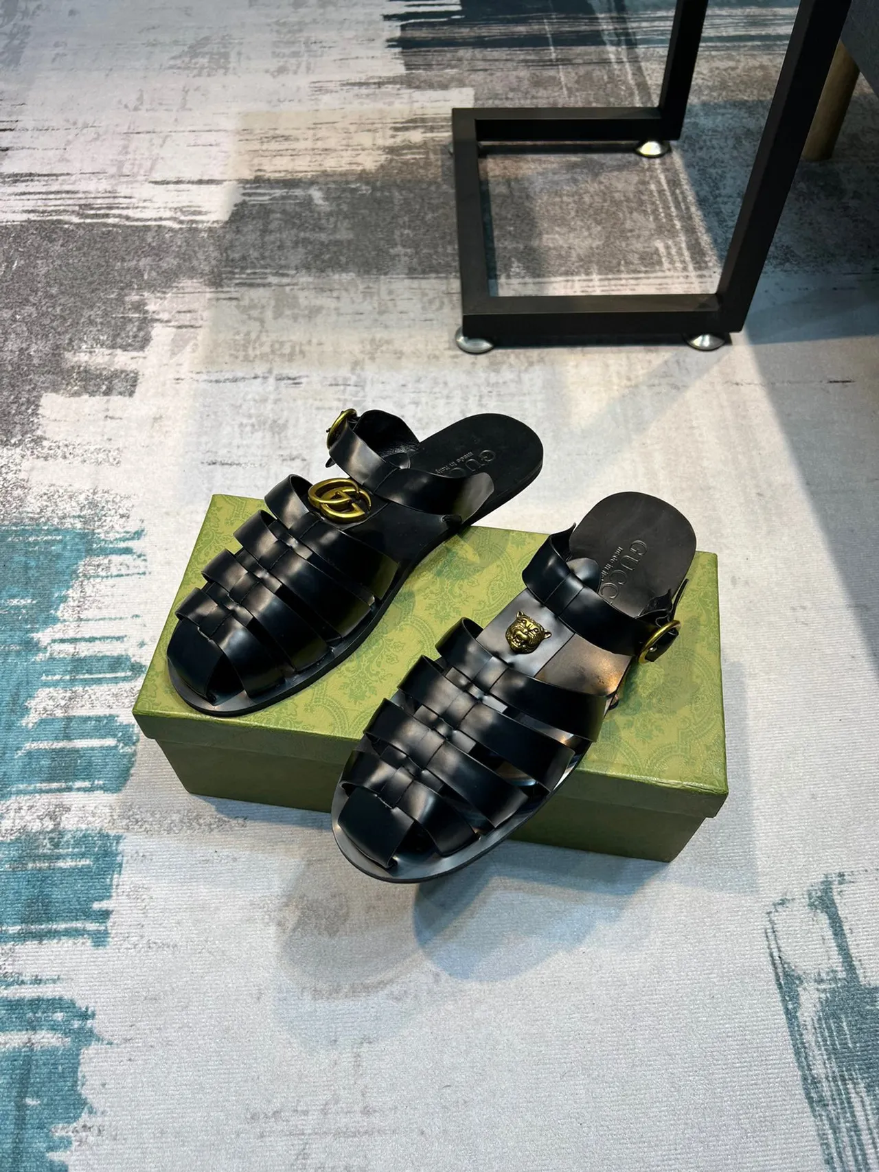 Gucci Black Gold Multi-Strap Buckle Gladiator Sandals 6