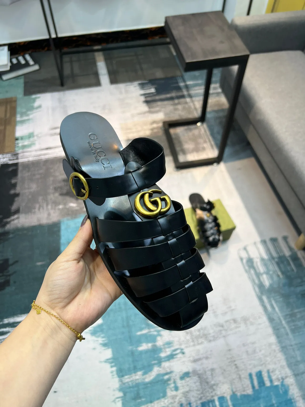 Gucci Black Gold Multi-Strap Buckle Gladiator Sandals 7