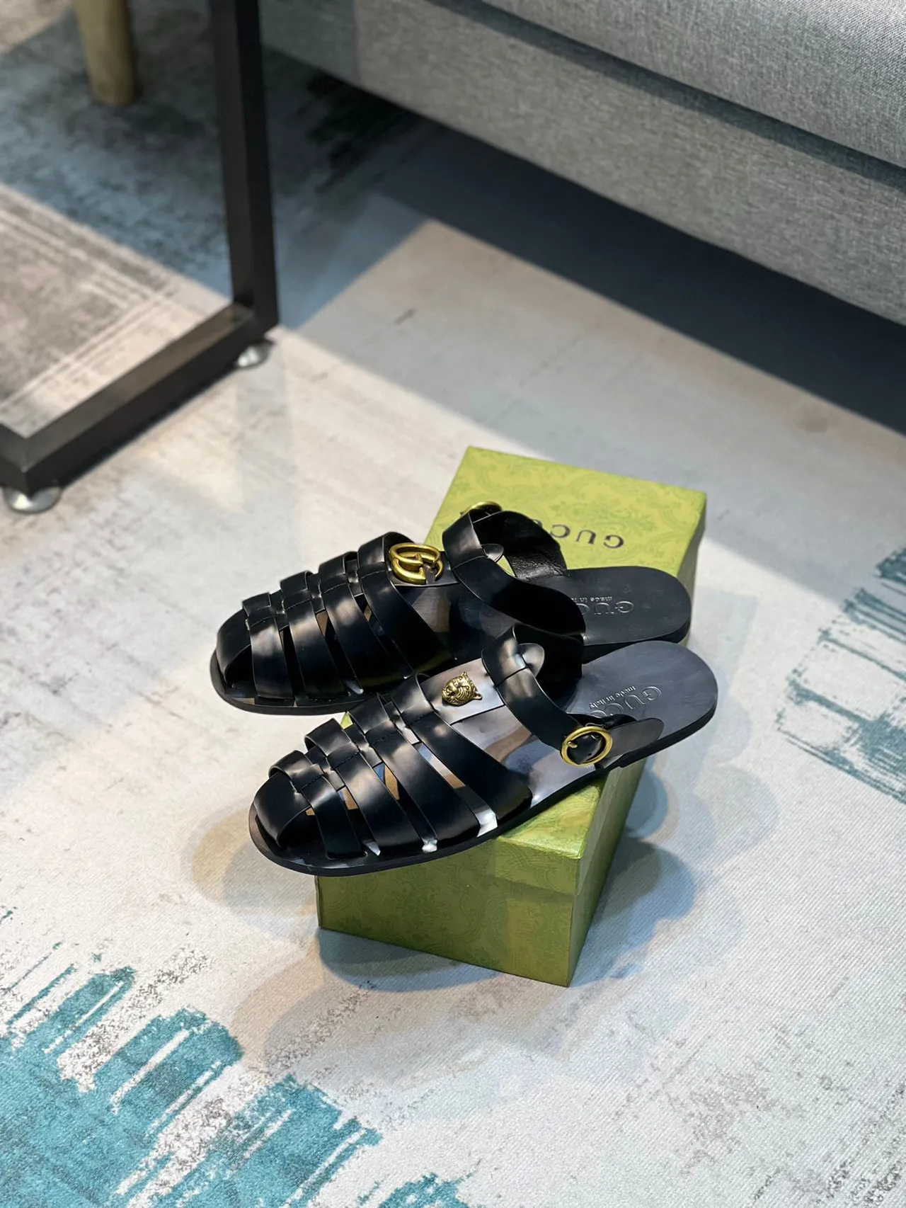 Gucci Black Gold Multi-Strap Buckle Gladiator Sandals 8