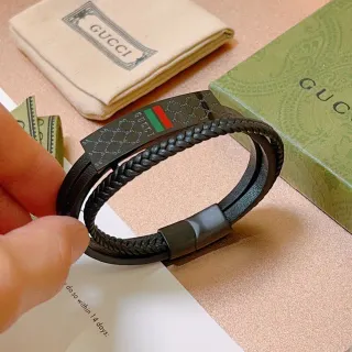 Gucci cuero trenzado negro verde doble envoltura pulsera