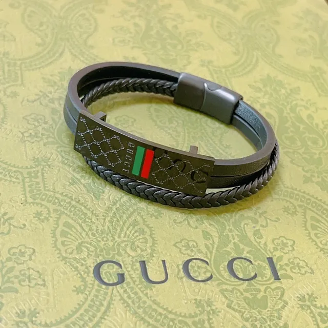 Gucci Black Green Braided Leather Double-Wrap Bracelet 3