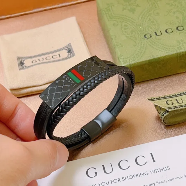 Gucci Black Green Braided Leather Double-Wrap Bracelet 4