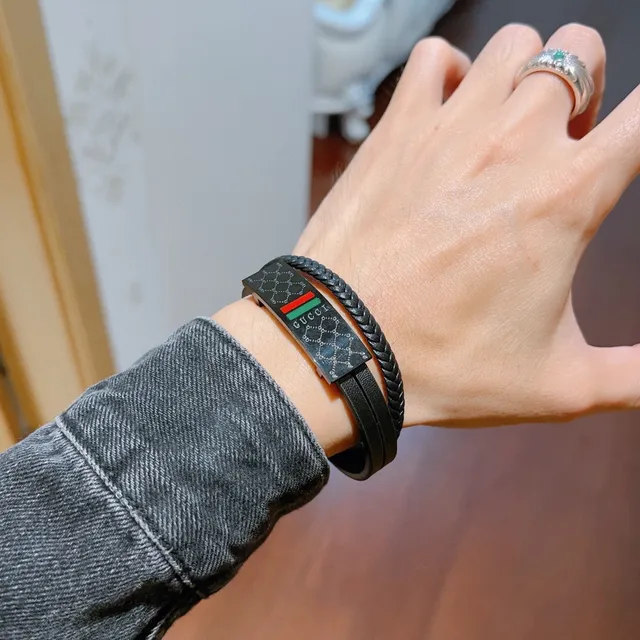 Gucci Black Green Braided Leather Double-Wrap Bracelet 5