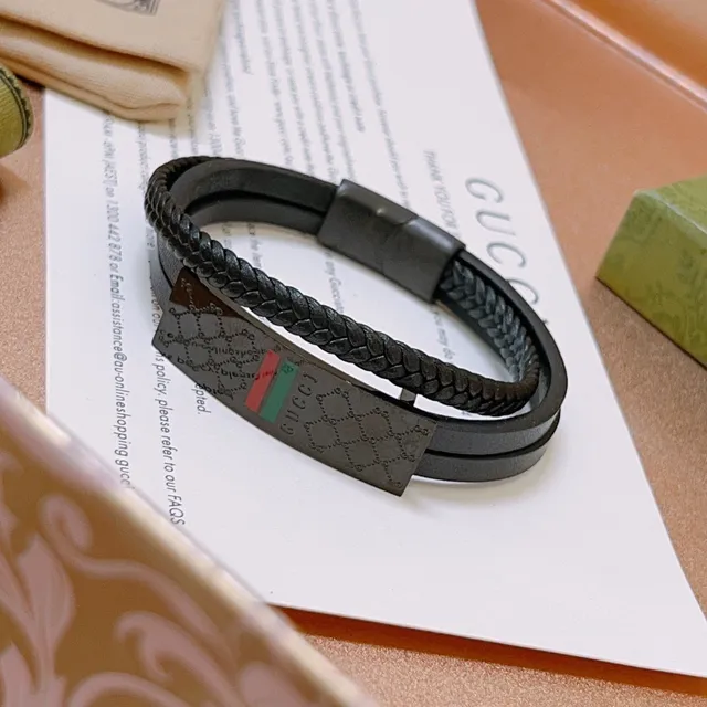 Gucci Black Green Braided Leather Double-Wrap Bracelet 6