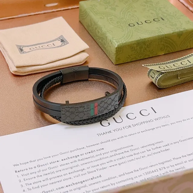 Gucci Black Green Braided Leather Double-Wrap Bracelet 7