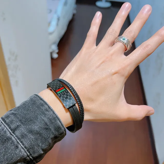 Gucci Black Green Braided Leather Double-Wrap Bracelet 8