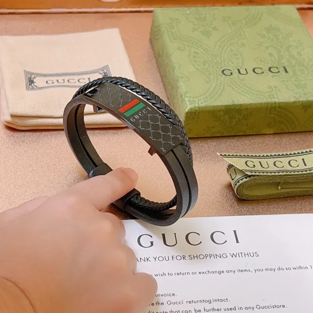 Gucci Black Green Braided Leather Double-Wrap Bracelet 9