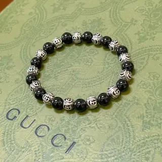 Gucci Black Silver Beaded Interlocking G Motif Bracelet