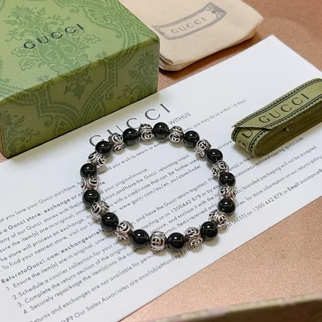 Gucci Black Silver Beaded Interlocking G Motif Bracelet 3