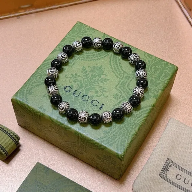Gucci Black Silver Beaded Interlocking G Motif Bracelet 4
