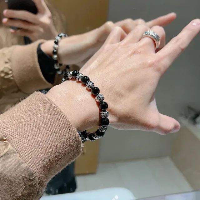 Gucci Black Silver Beaded Interlocking G Motif Bracelet 5