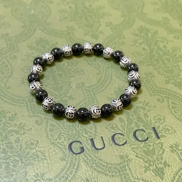 Gucci Black Silver Beaded Interlocking G Motif Bracelet 6