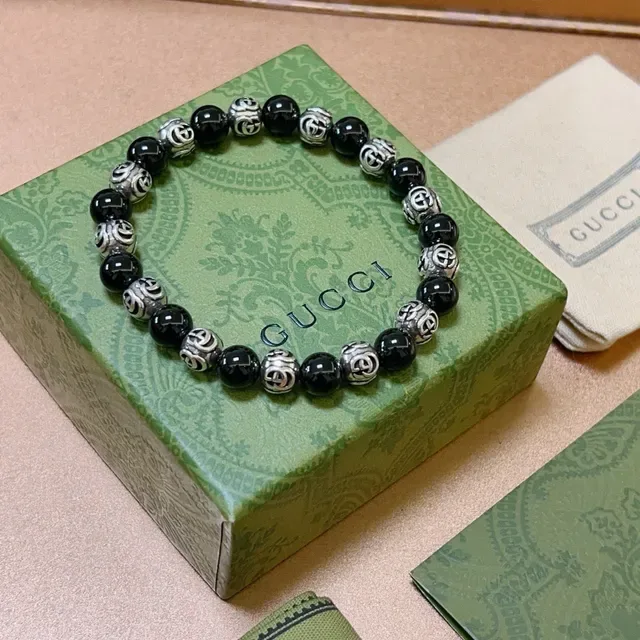 Gucci Black Silver Beaded Interlocking G Motif Bracelet 7