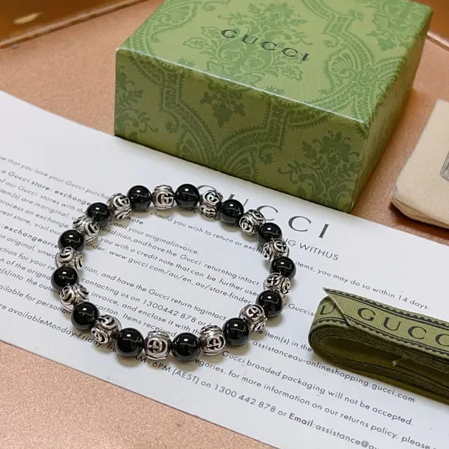 Gucci Black Silver Beaded Interlocking G Motif Bracelet 9
