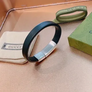 Gucci Black Silver Leather Bangle Brushed Metal Clasp Bracelet