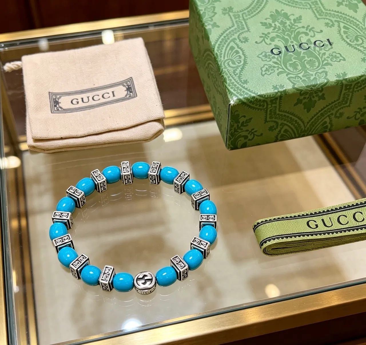 Gucci Blue Silver Beaded Interlocking G Logo Bracelet 2