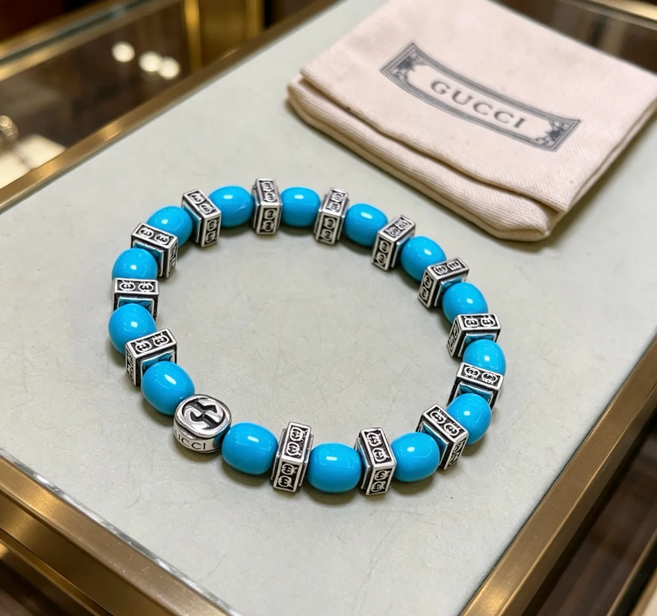 Gucci Blue Silver Beaded Interlocking G Logo Bracelet 3