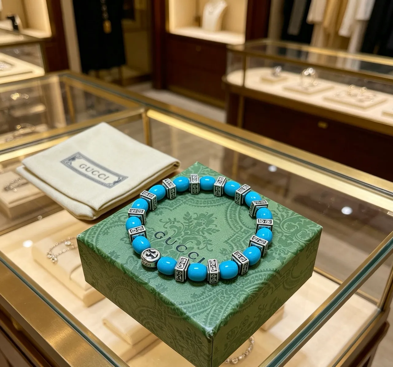Gucci Blue Silver Beaded Interlocking G Logo Bracelet 5