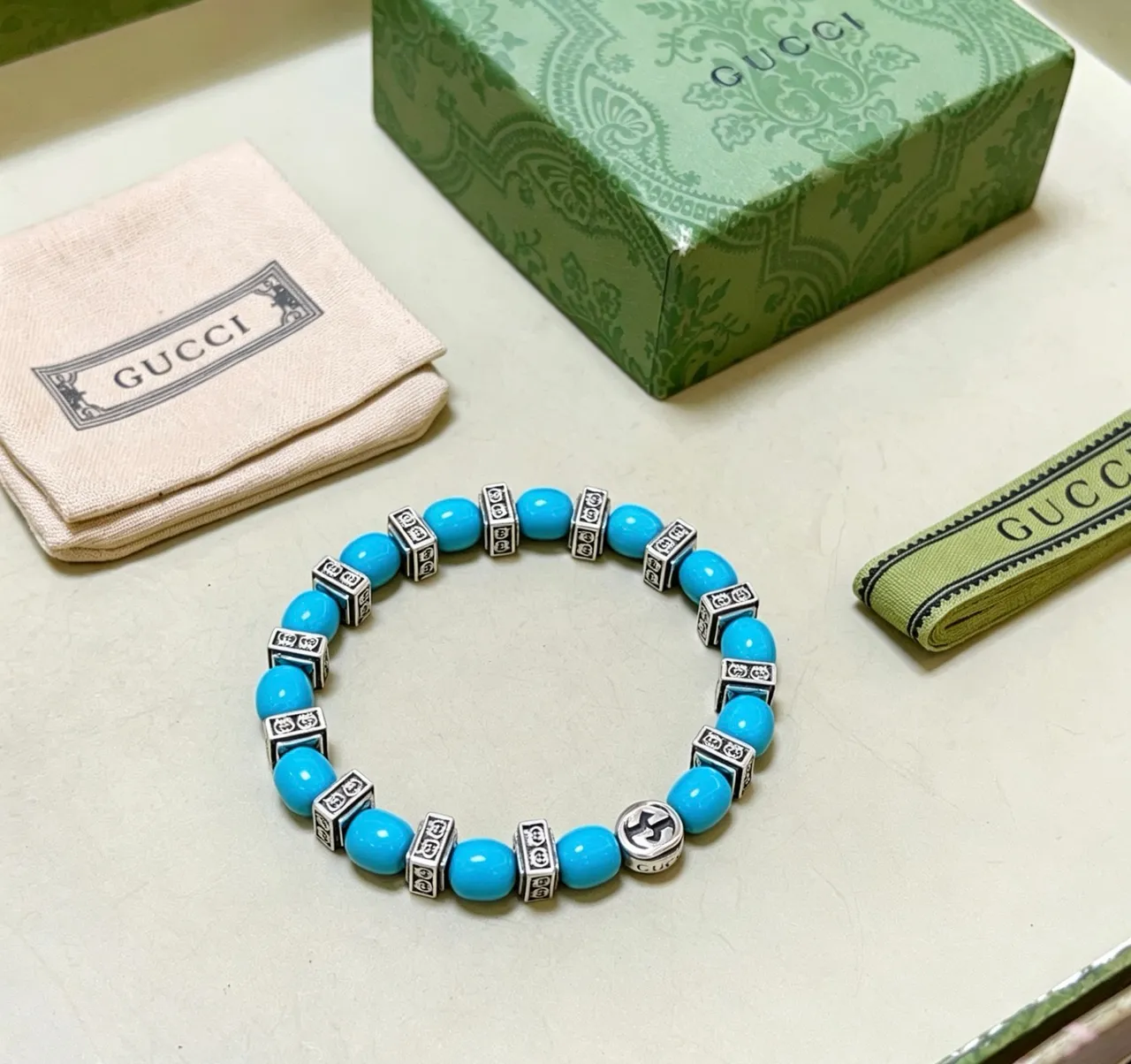 Gucci Blue Silver Beaded Interlocking G Logo Bracelet 6