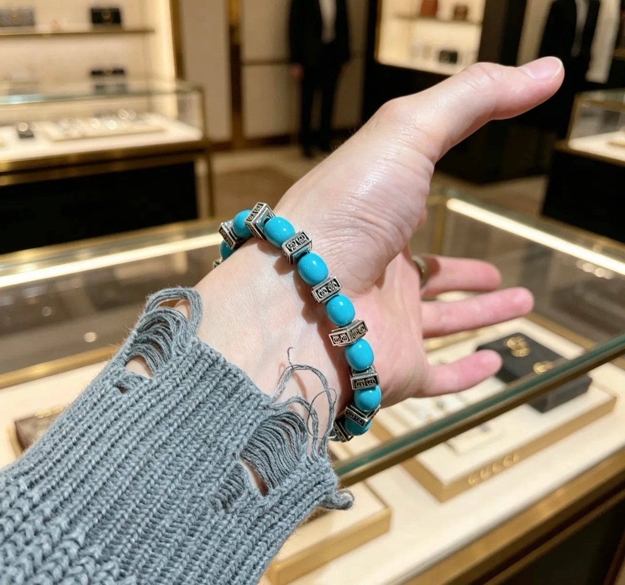 Gucci Blue Silver Beaded Interlocking G Logo Bracelet 7