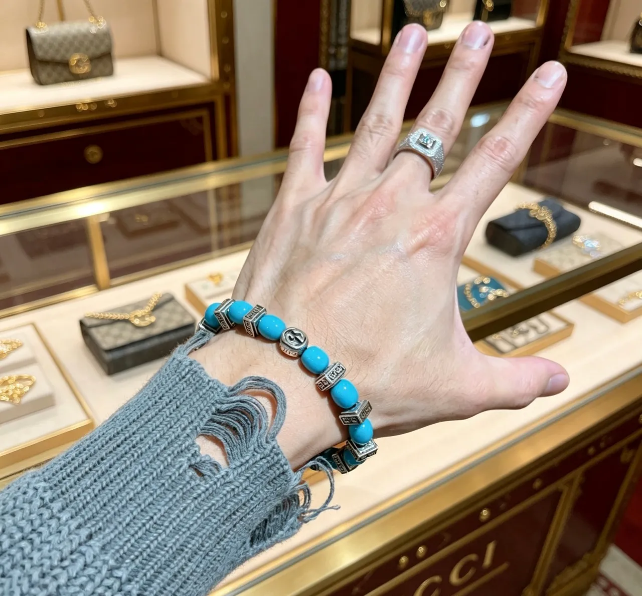 Gucci Blue Silver Beaded Interlocking G Logo Bracelet 8