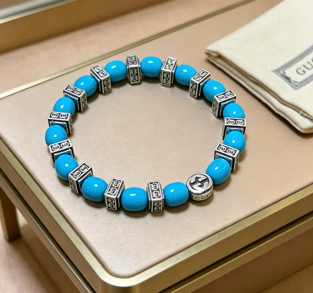 Gucci Blue Silver Beaded Interlocking G Logo Bracelet 9
