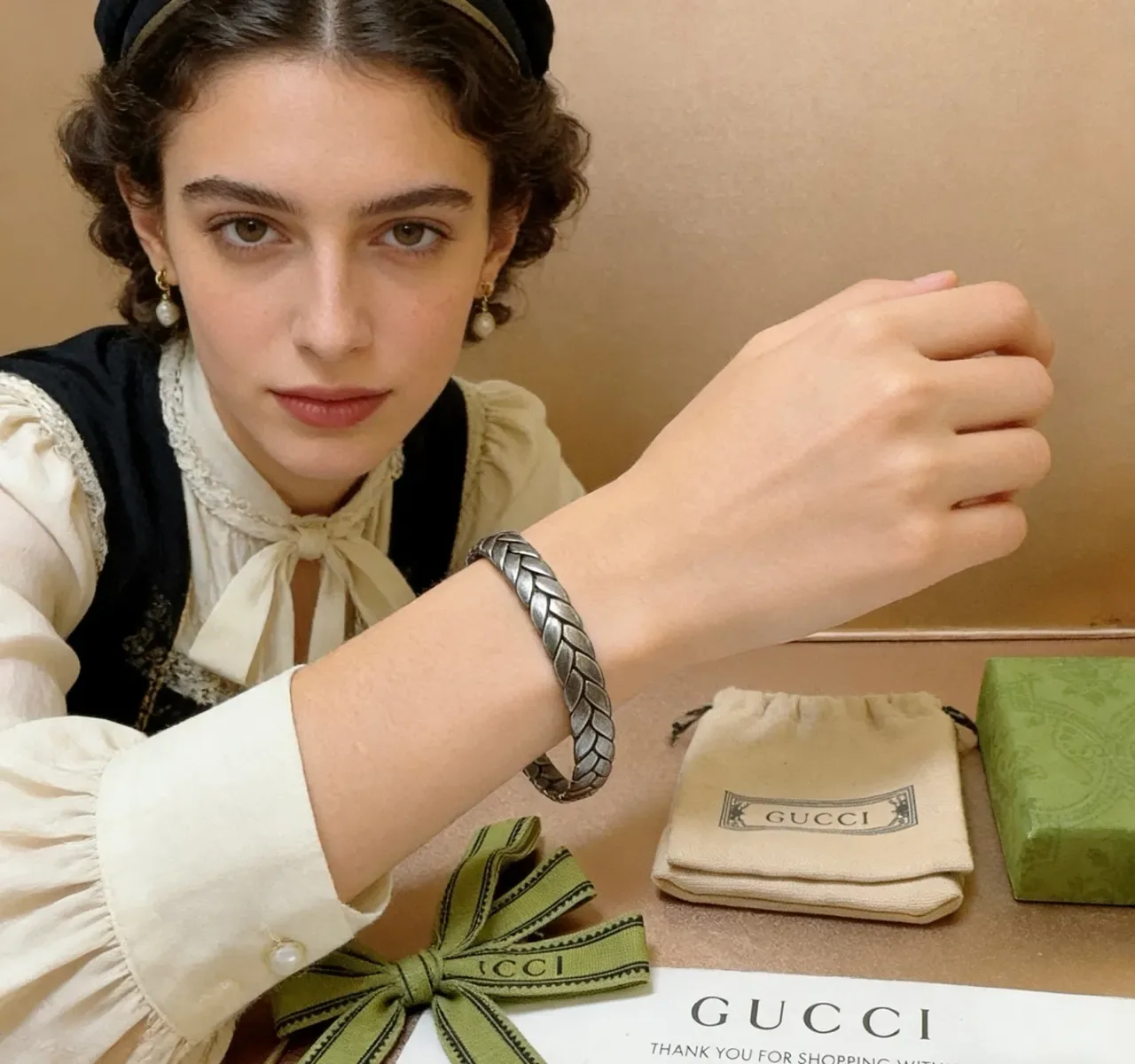 Gucci Braided Leaf-Tipped Antique Silver Cuff Bracelet 6