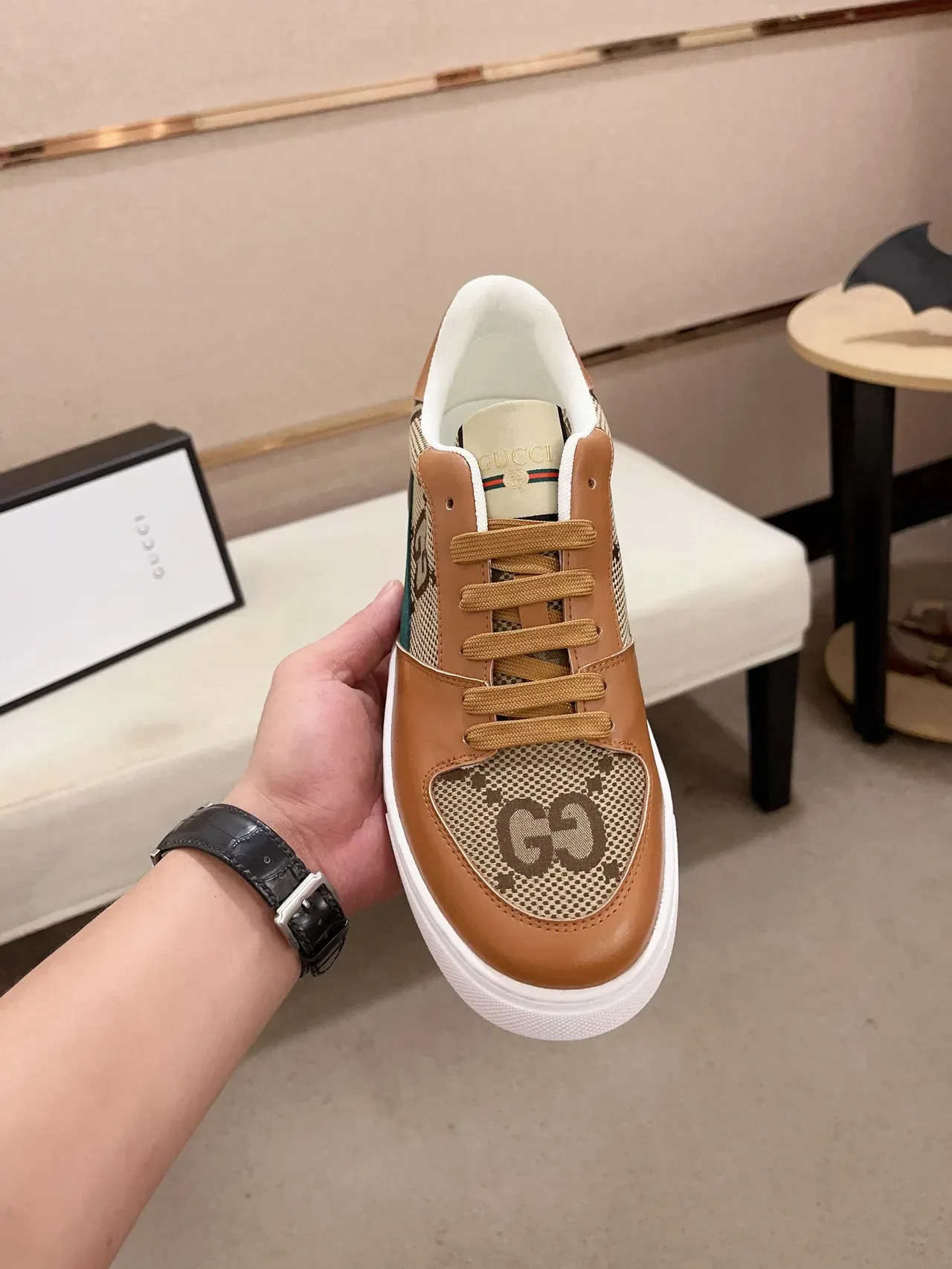 Gucci Brown Beige Monogram Canvas Leather Overlays Lifestyle Sneakers 2