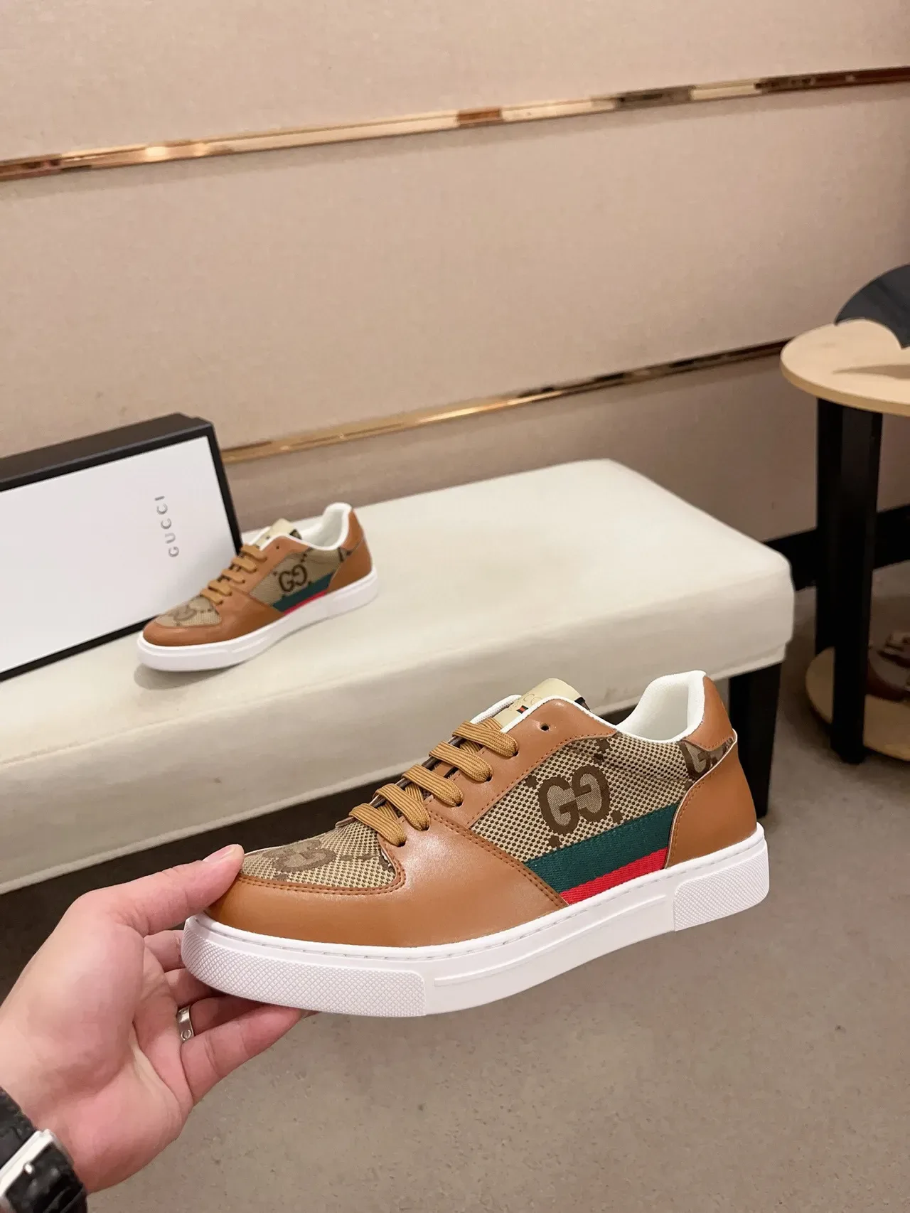 Gucci Brown Beige Monogram Canvas Leather Overlays Lifestyle Sneakers 3