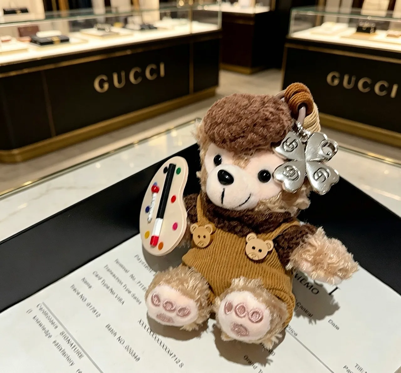 Gucci Brown Beige Plush Bear Knit Overalls Handbag 2