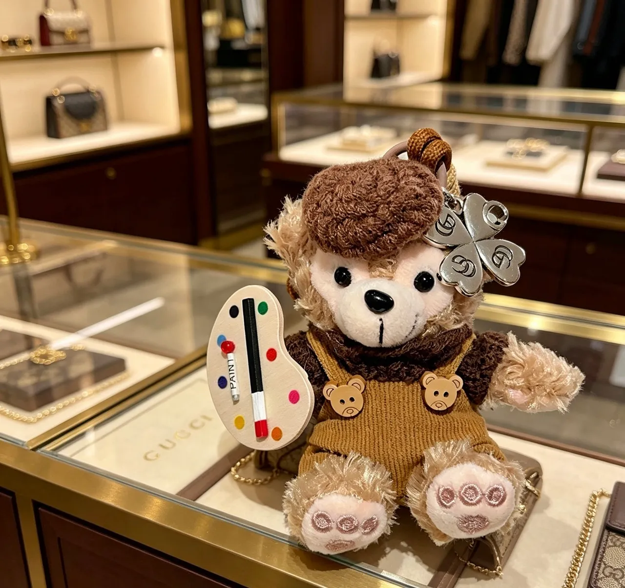 Gucci Brown Beige Plush Bear Knit Overalls Handbag 3