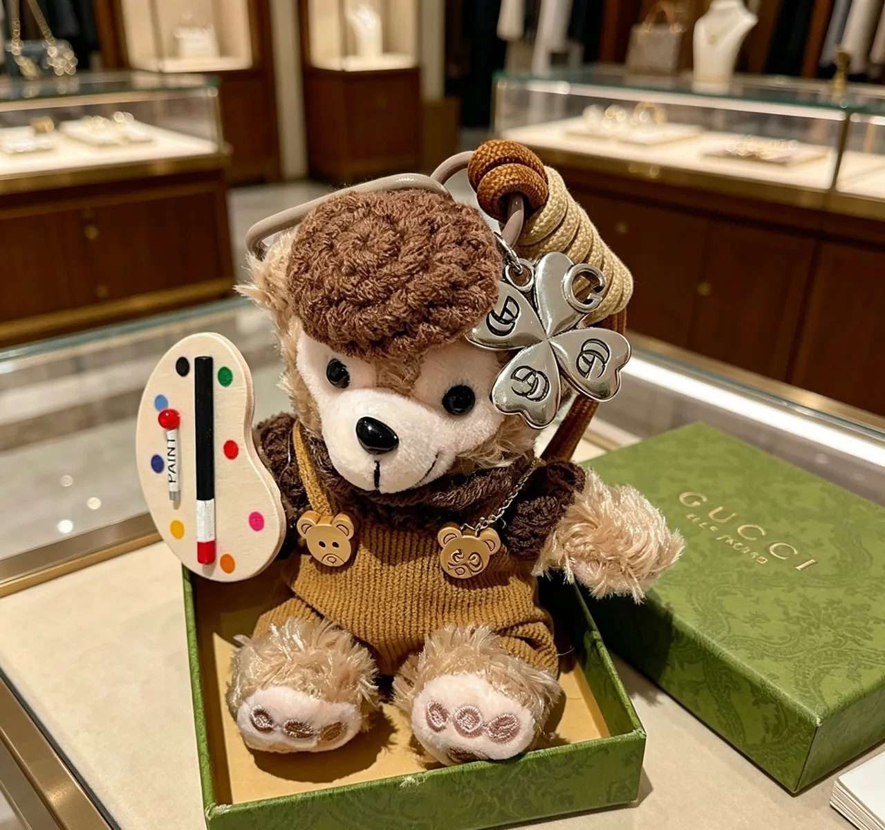Gucci Brown Beige Plush Bear Knit Overalls Handbag 5